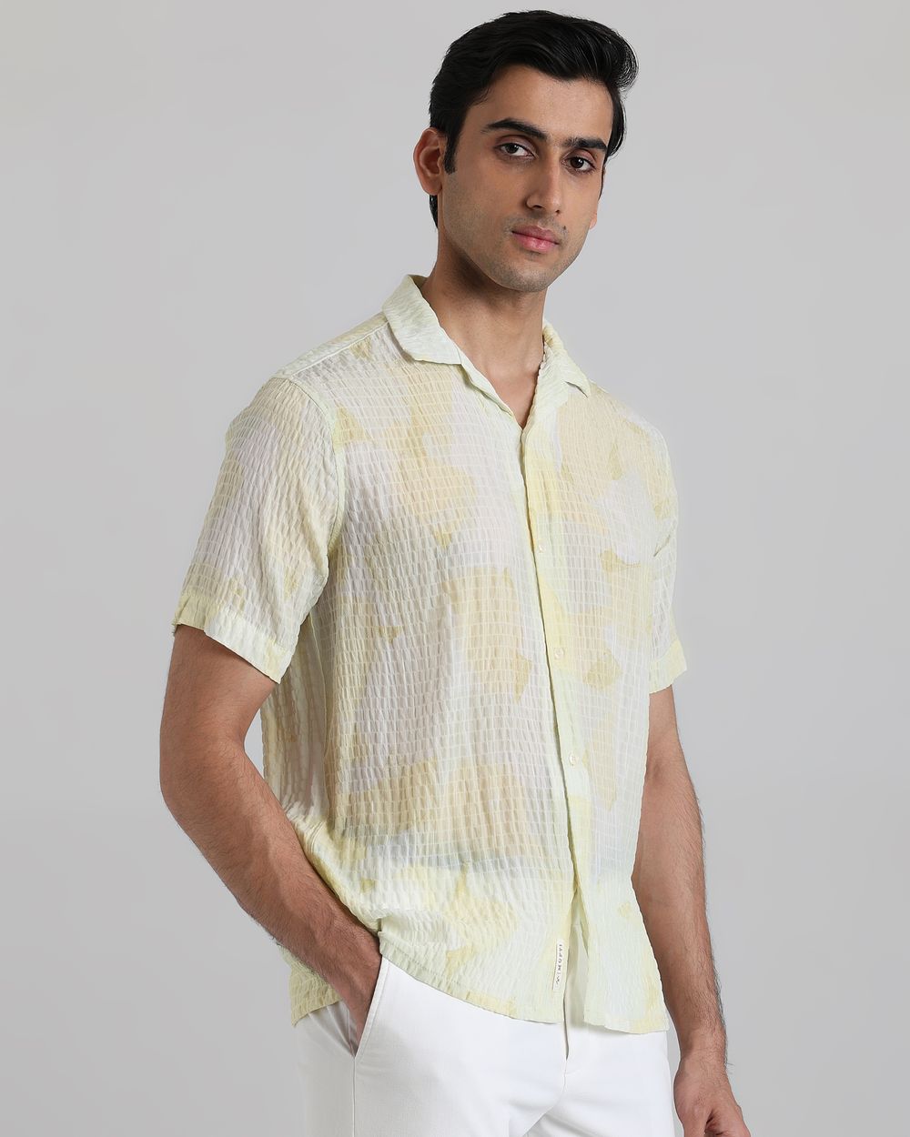Light Yellow Textured Print Relaxed Fit Casual Shirt