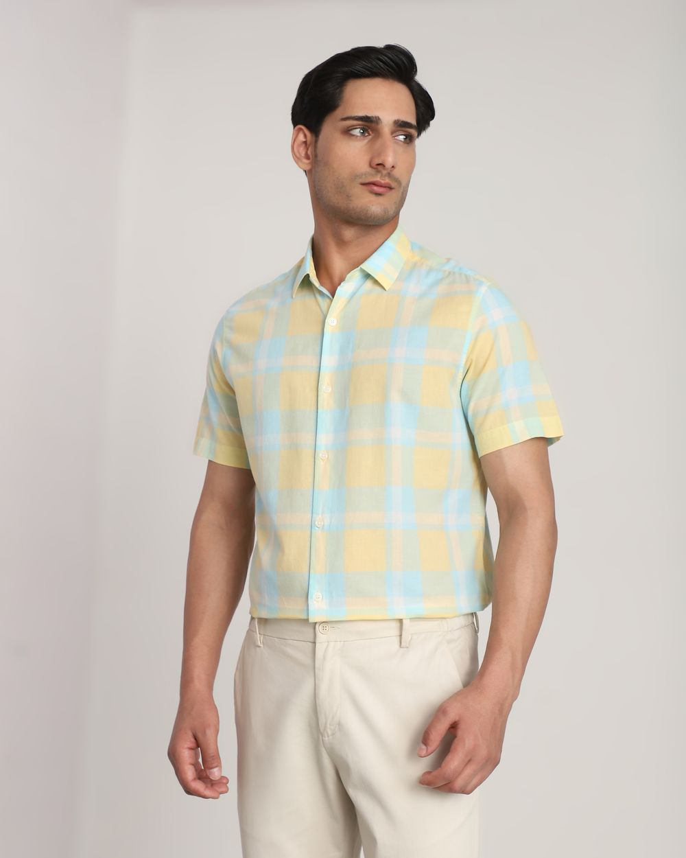 Yellow Large Check Slim Fit Casual Shirt