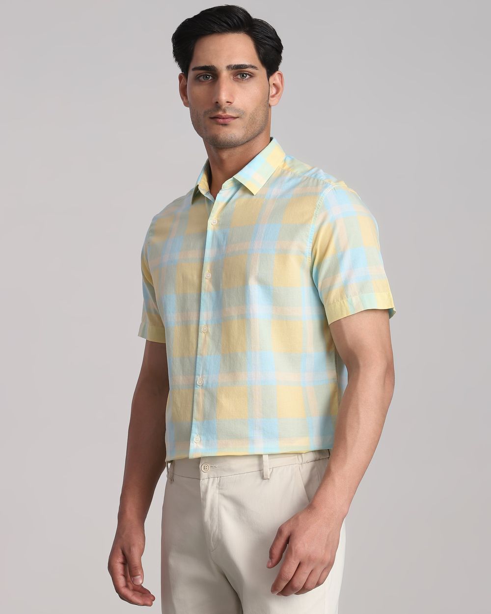 Yellow Large Check Slim Fit Casual Shirt