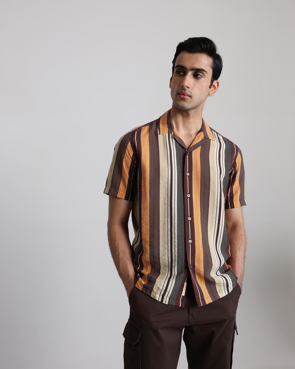 Brown Textured Stripe Slim Fit Casual Shirt