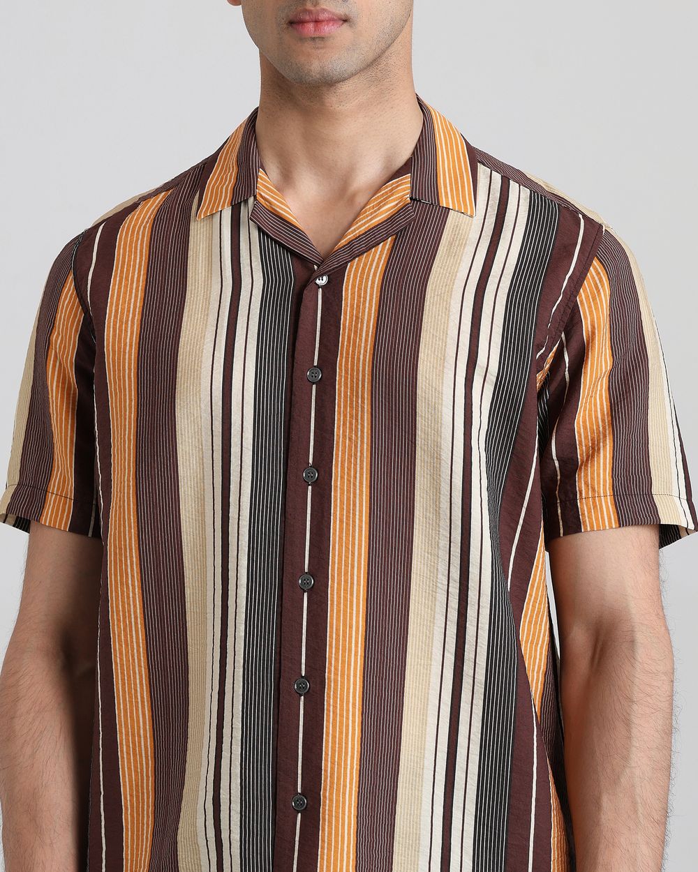 Brown Textured Stripe Slim Fit Casual Shirt