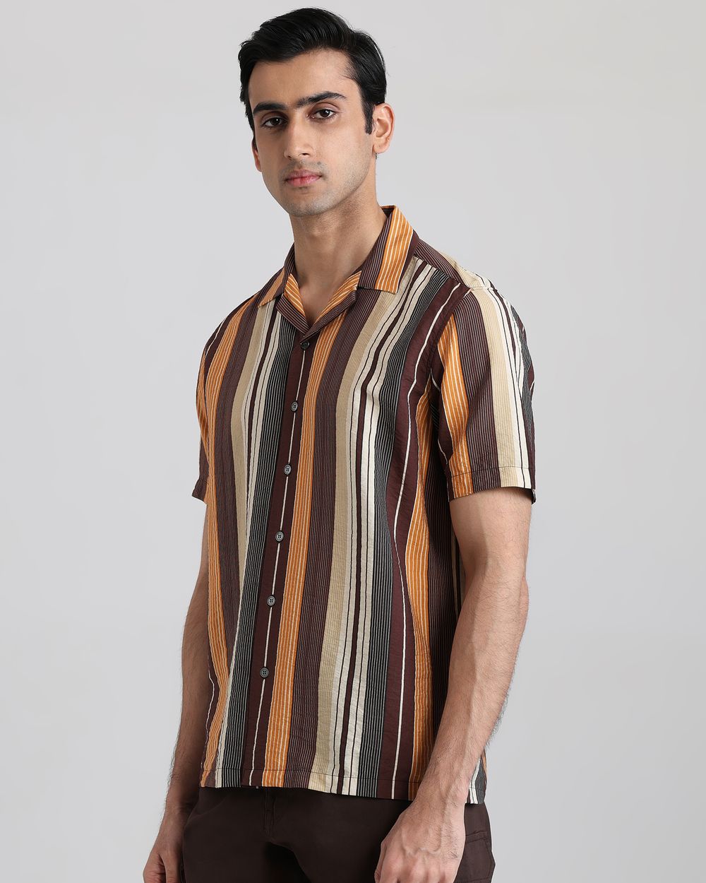 Brown Textured Stripe Slim Fit Casual Shirt