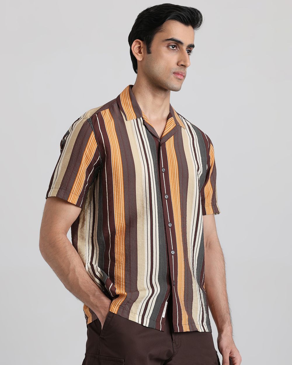 Brown Textured Stripe Slim Fit Casual Shirt