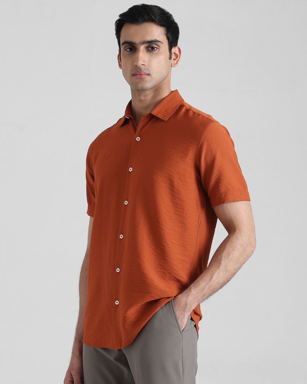 Rust Textured Plain Slim Fit Casual Shirt