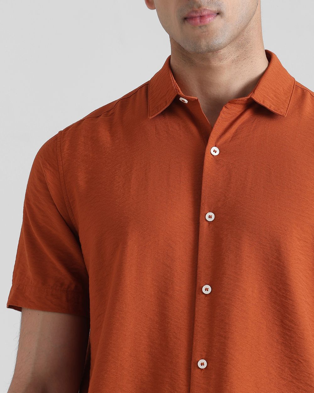 Rust Textured Plain Slim Fit Casual Shirt