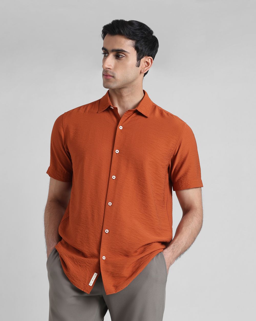 Rust Textured Plain Slim Fit Casual Shirt