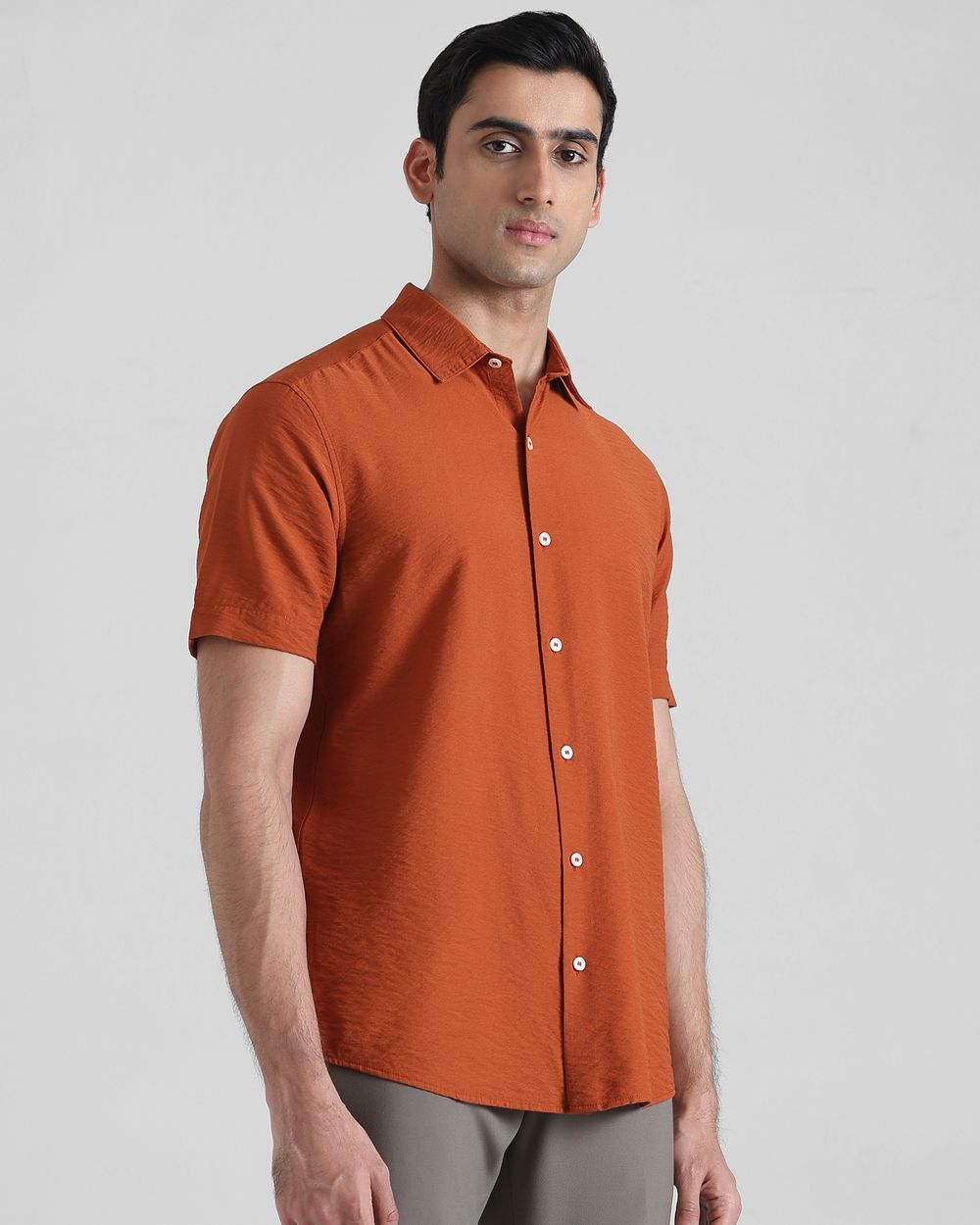 Rust Textured Plain Slim Fit Casual Shirt