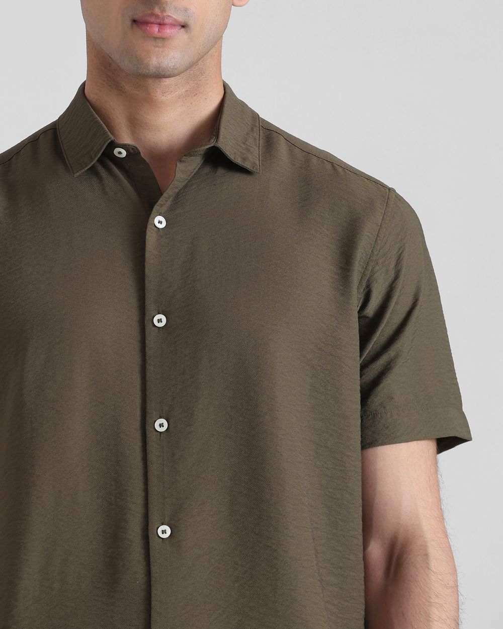 Olive Textured Plain Slim Fit Casual Shirt