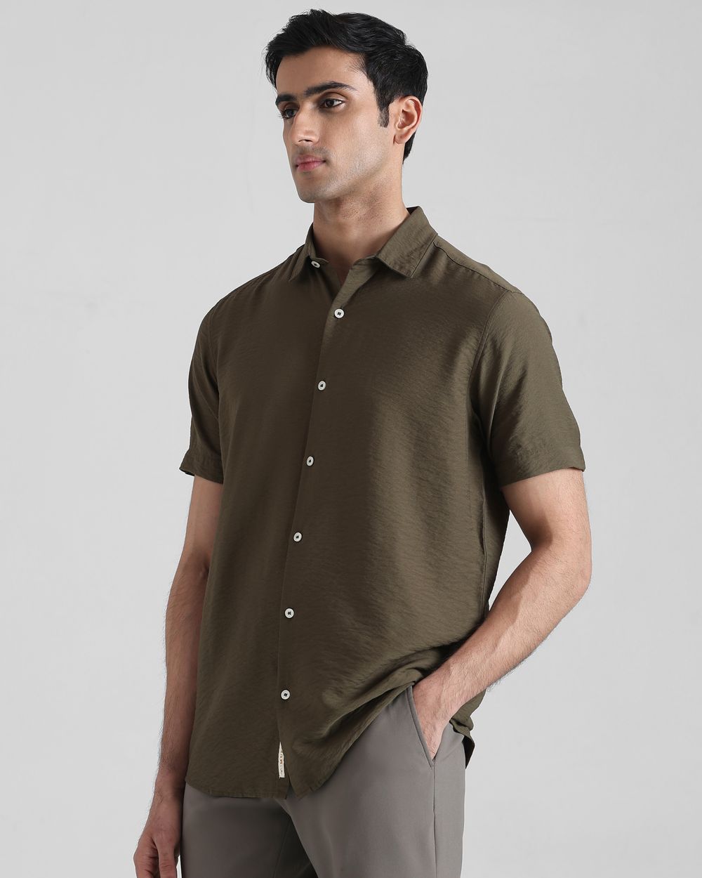 Olive Textured Plain Slim Fit Casual Shirt
