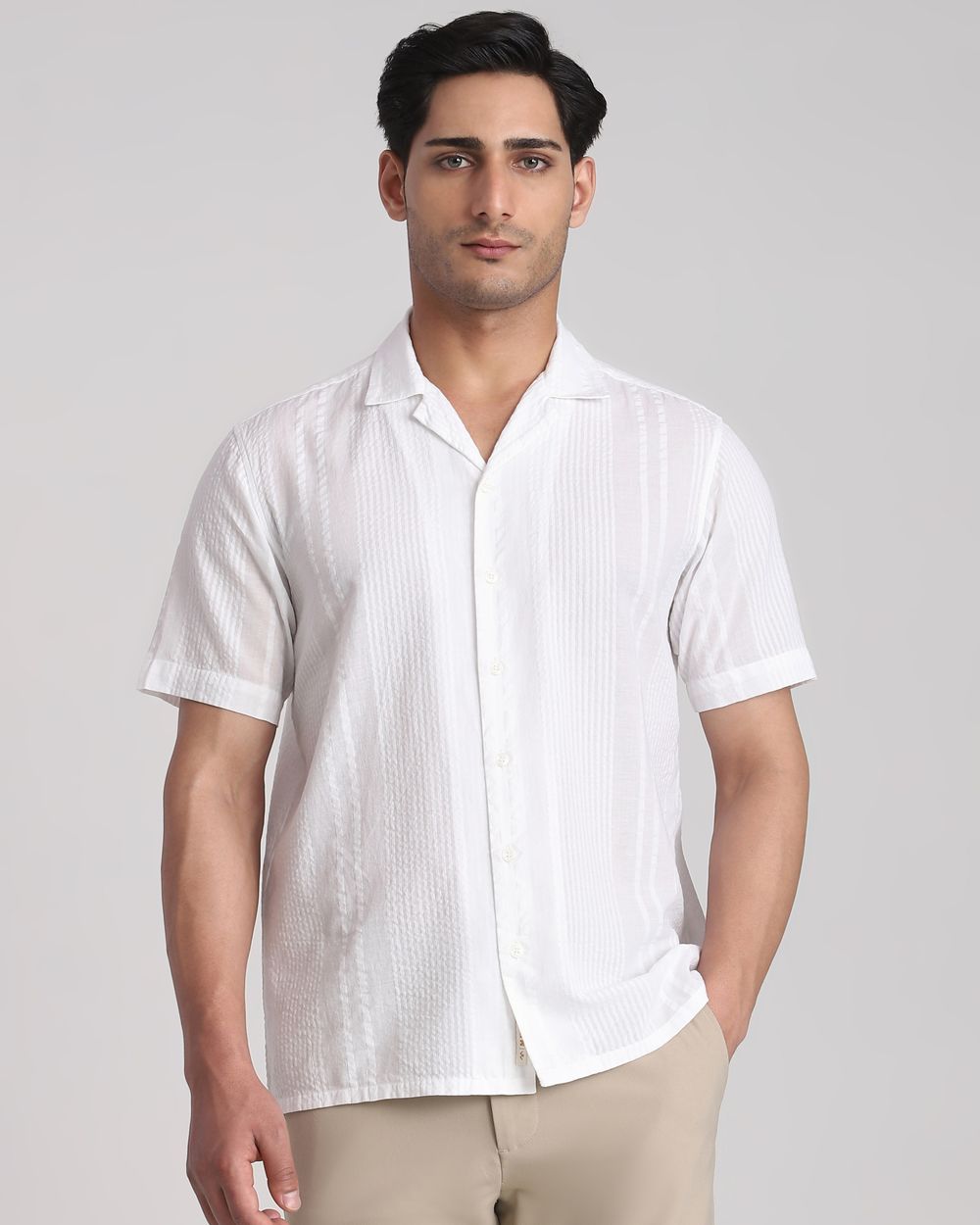 White Seersucker Plain Relaxed Fit Casual Shirt