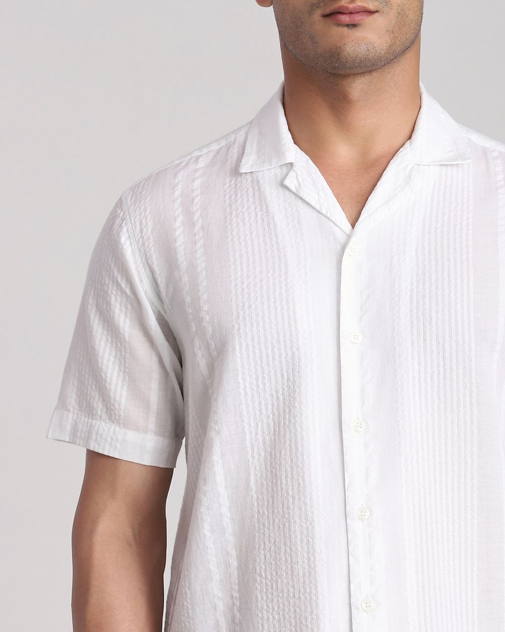 White Seersucker Plain Relaxed Fit Casual Shirt