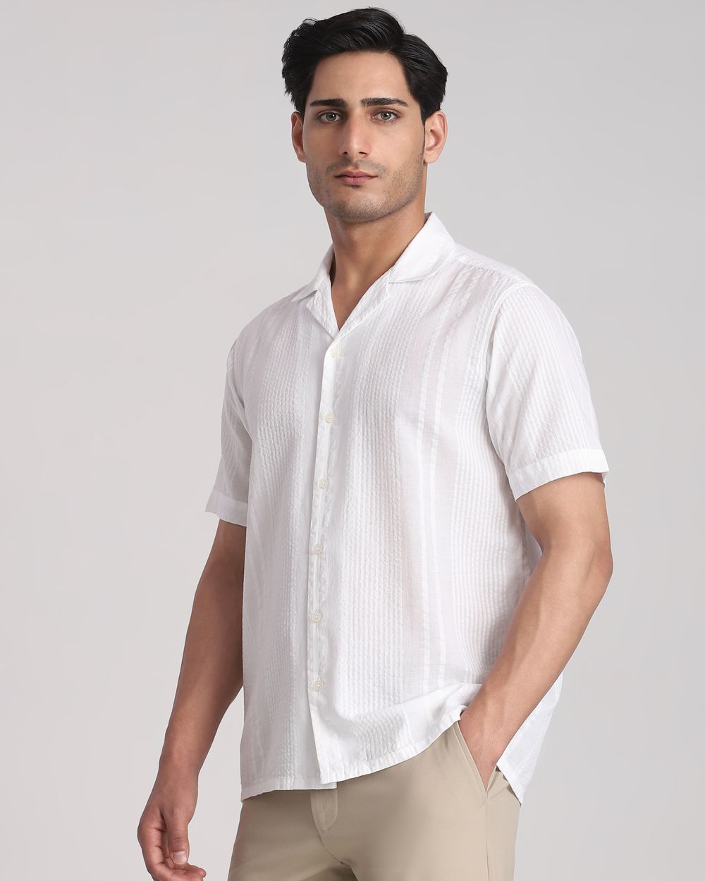 White Seersucker Plain Relaxed Fit Casual Shirt
