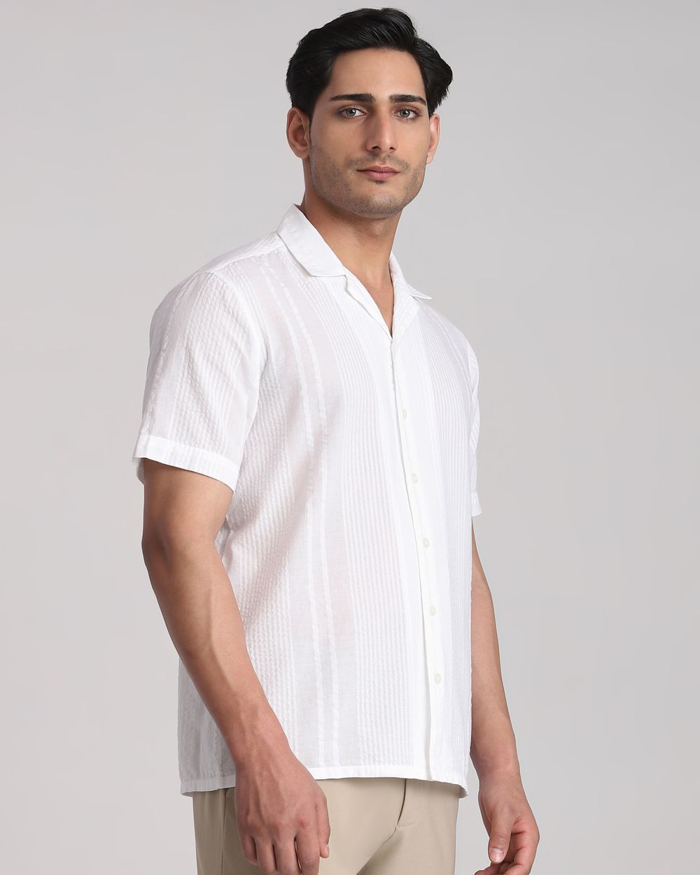 White Seersucker Plain Relaxed Fit Casual Shirt