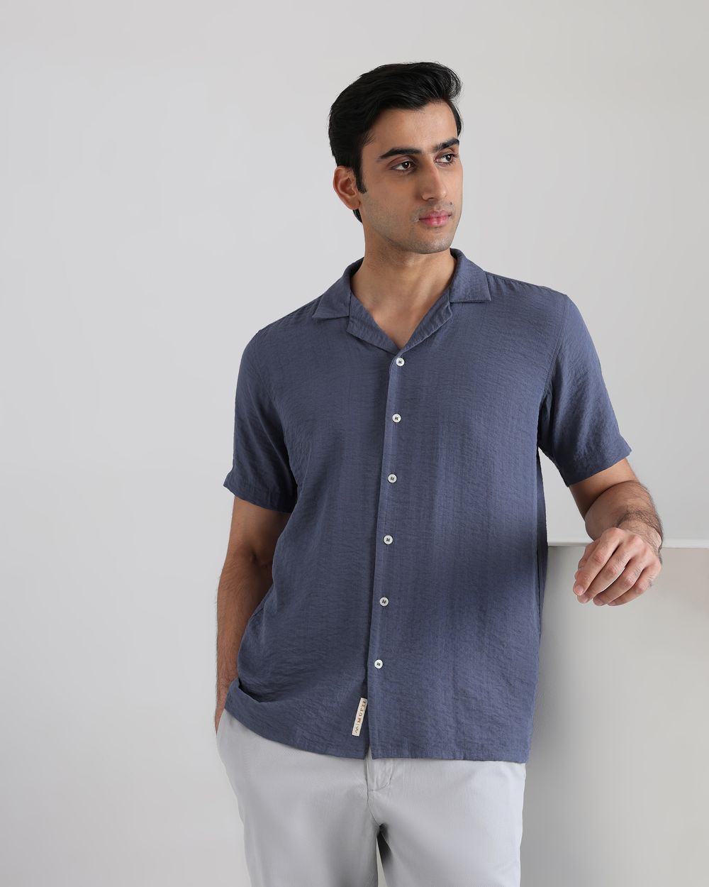 Blue Grey Textured Plain Relaxed Fit Casual Shirt
