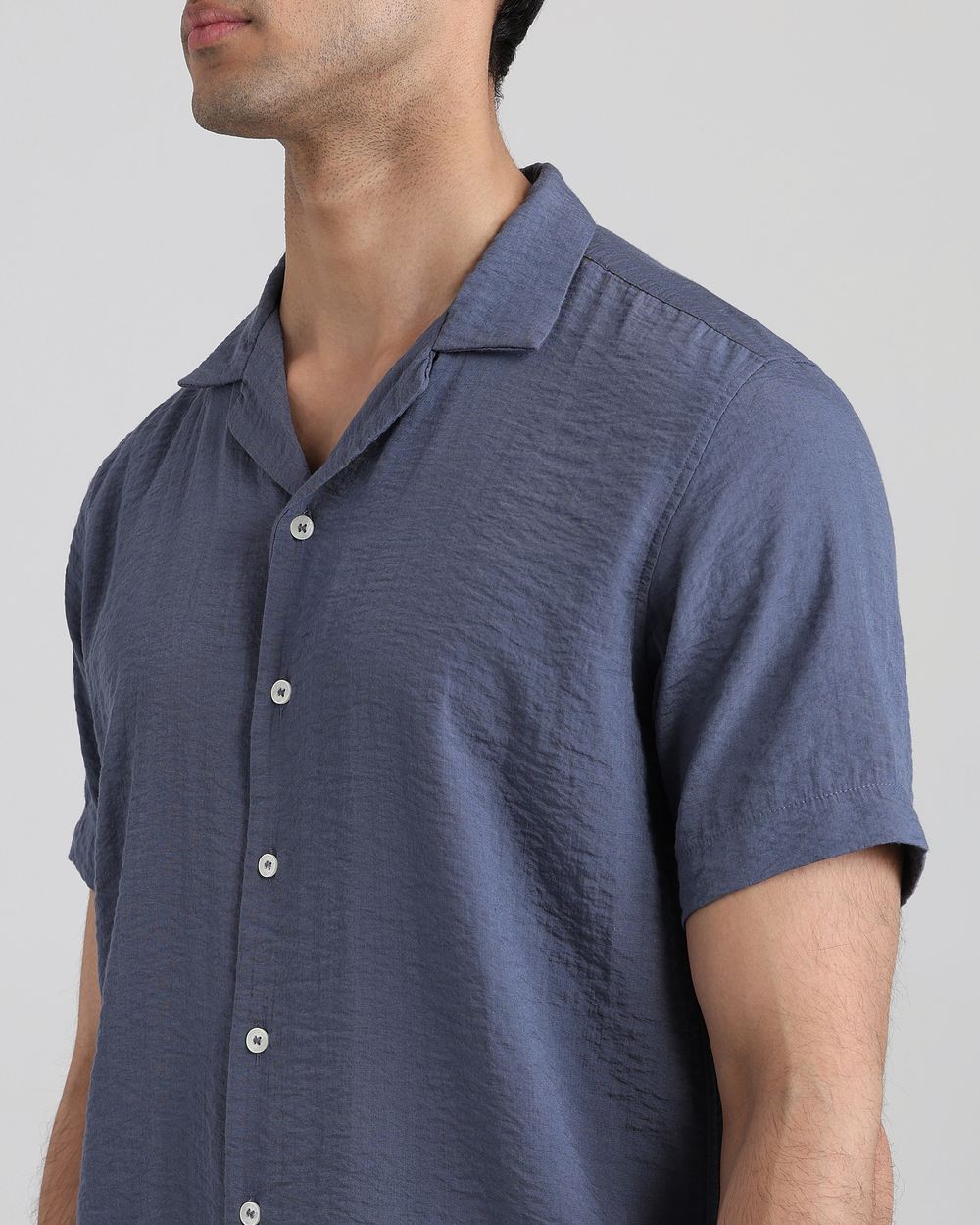 Blue Grey Textured Plain Relaxed Fit Casual Shirt