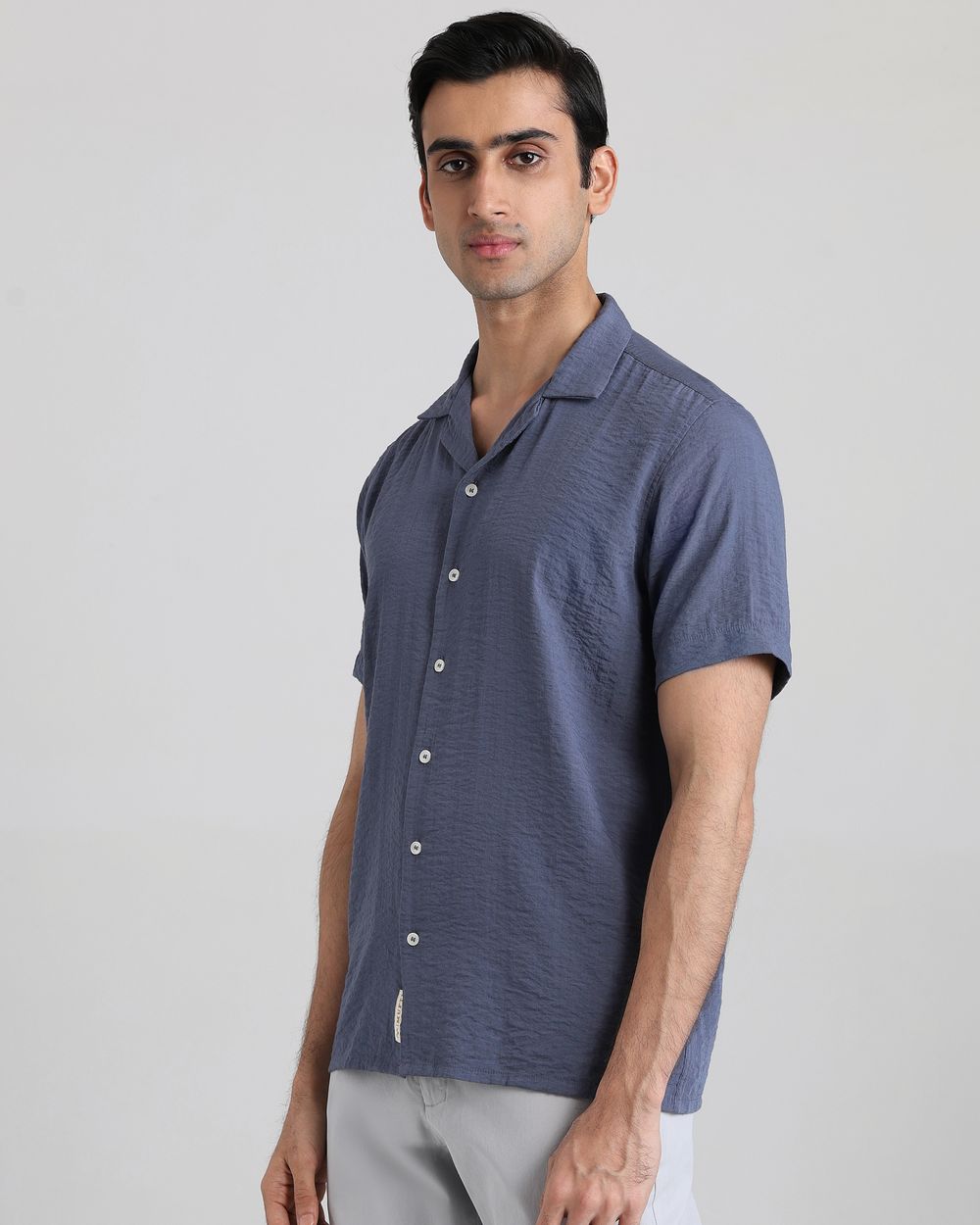 Blue Grey Textured Plain Relaxed Fit Casual Shirt