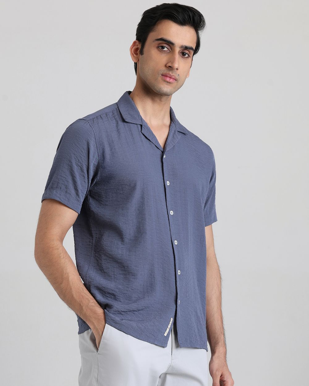 Blue Grey Textured Plain Relaxed Fit Casual Shirt