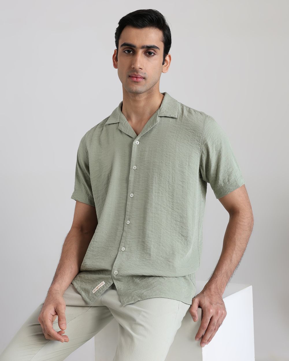 Sage Textured Plain Relaxed Fit Casual Shirt