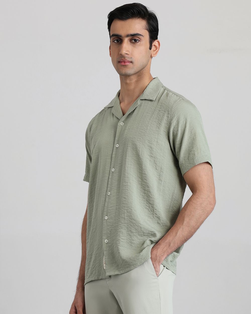 Sage Textured Plain Relaxed Fit Casual Shirt