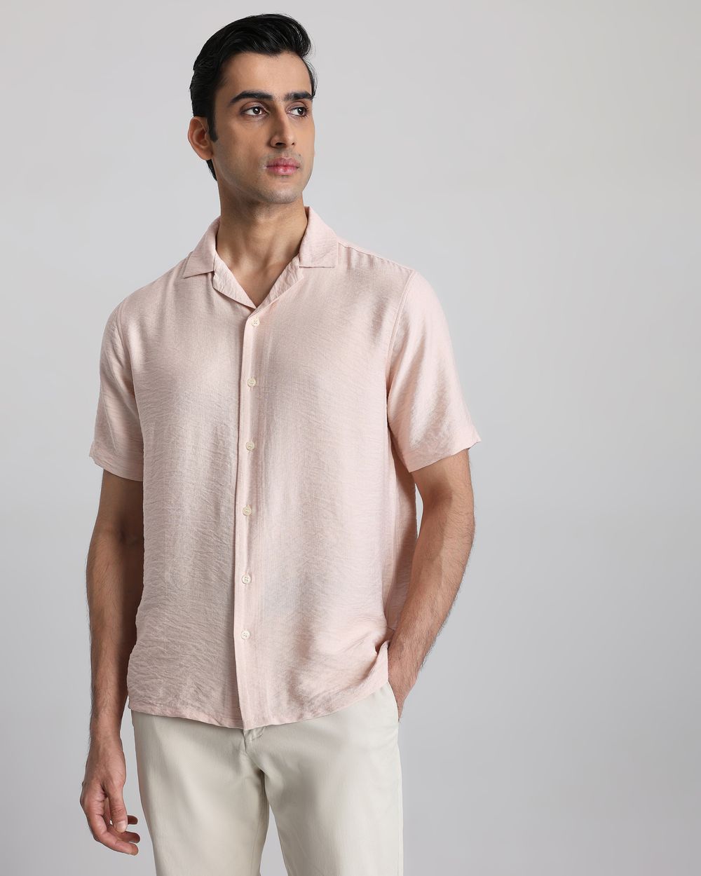 Peach Textured Plain Slim Fit Casual Shirt