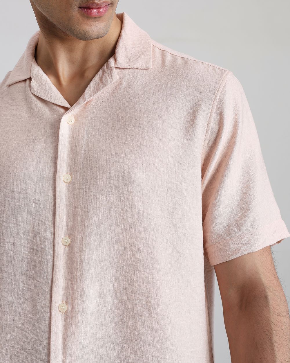 Peach Textured Plain Slim Fit Casual Shirt