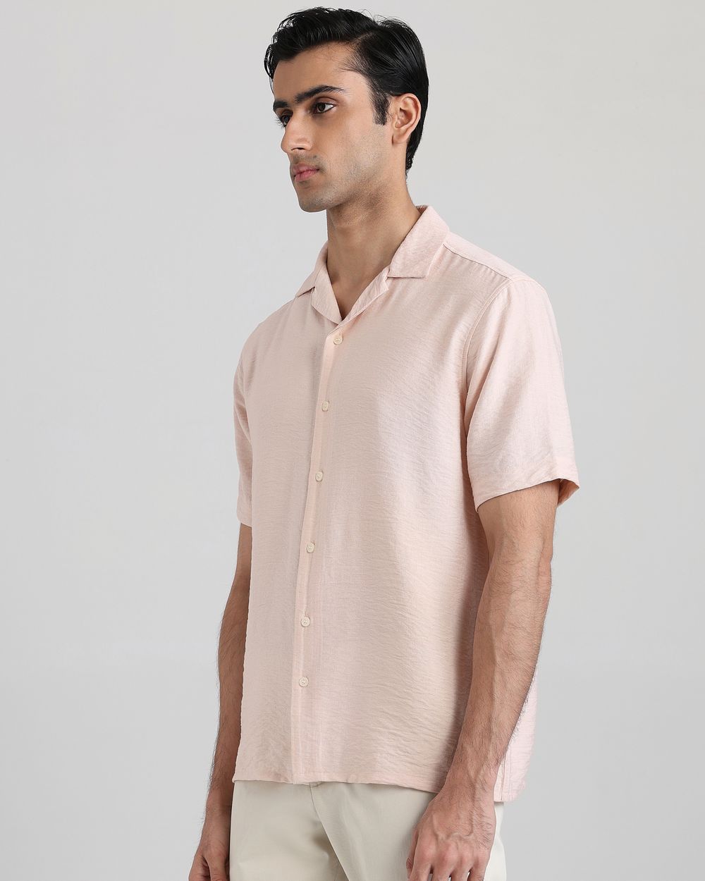 Peach Textured Plain Slim Fit Casual Shirt