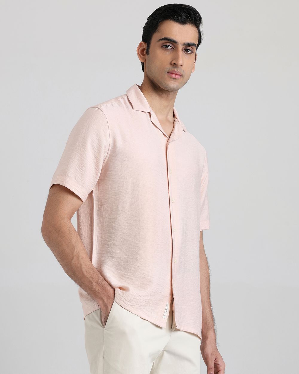 Peach Textured Plain Slim Fit Casual Shirt
