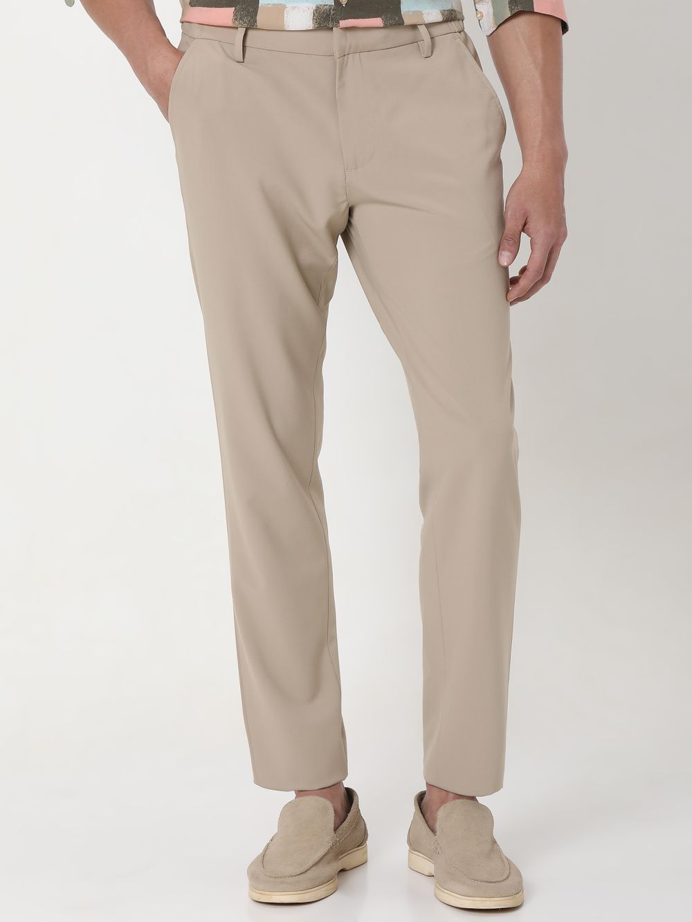 Beige Slim Fit Flat Front Pants