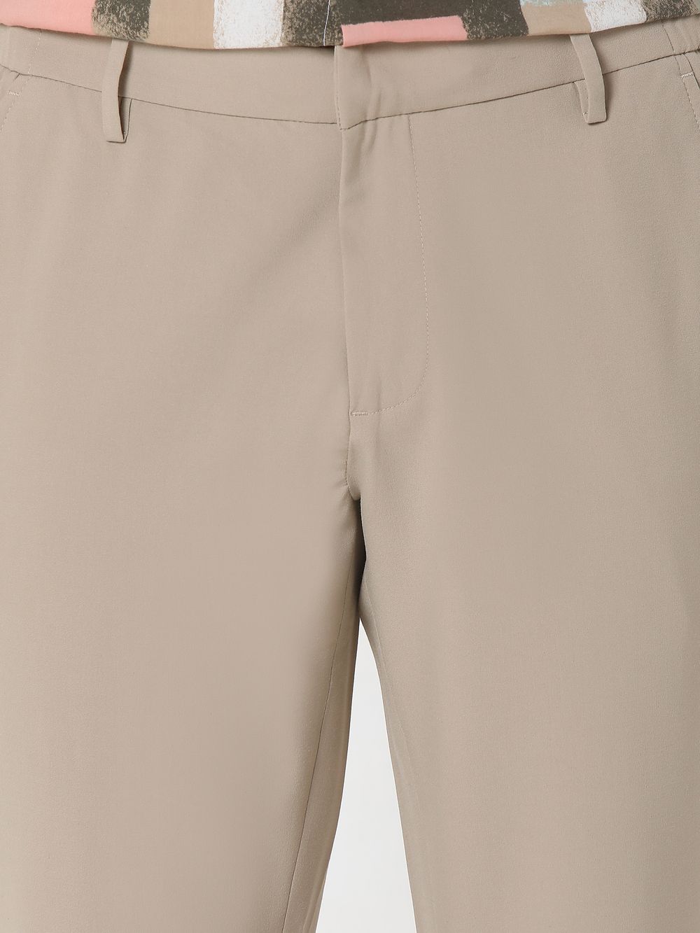 Beige Slim Fit Flat Front Pants