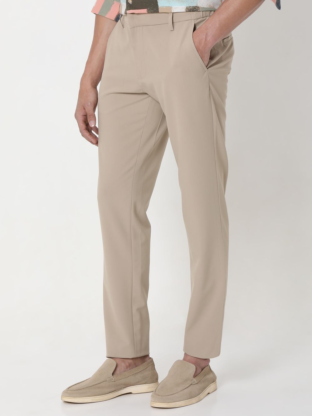Beige Slim Fit Flat Front Pants