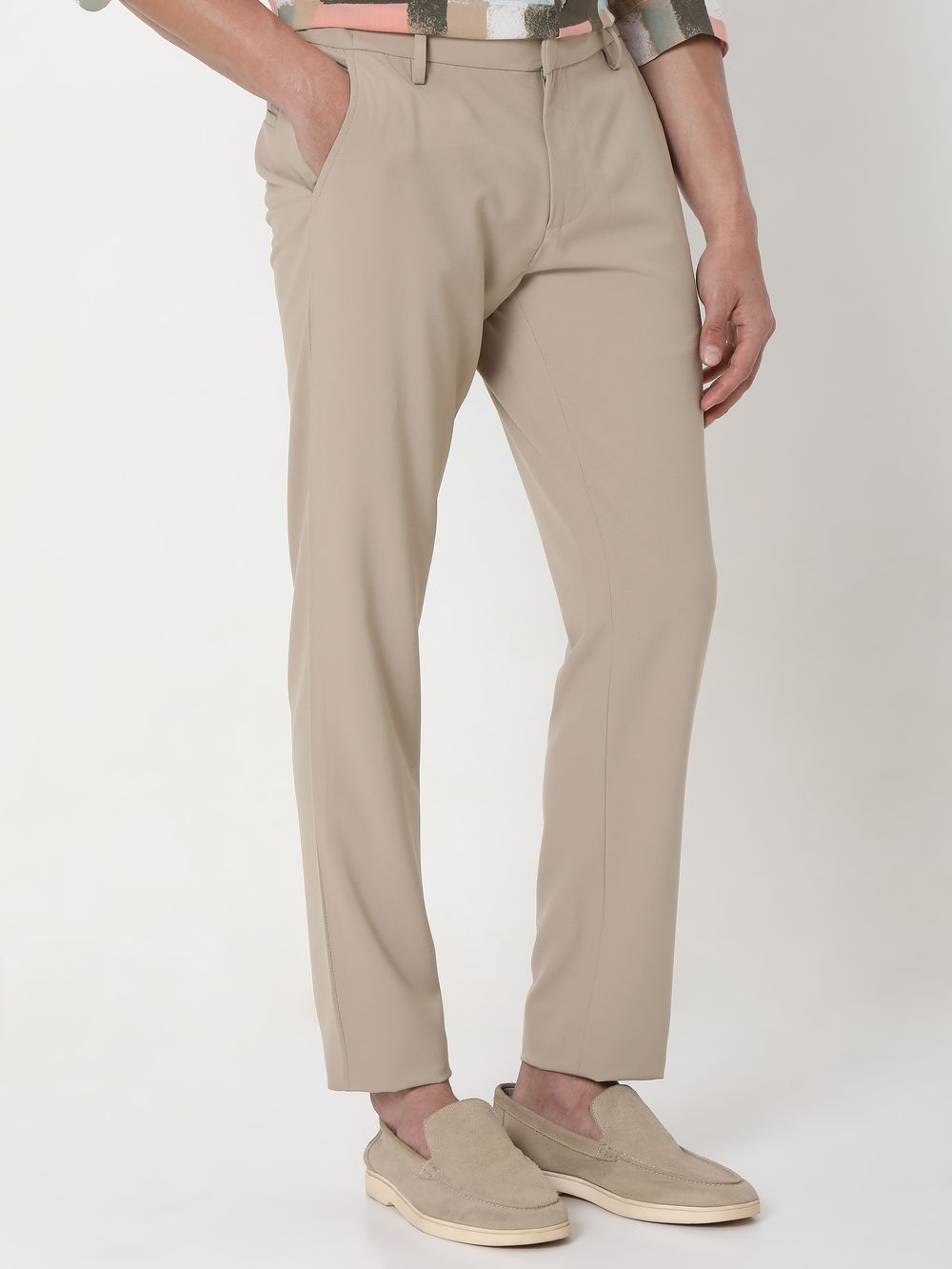 Beige Slim Fit Flat Front Pants