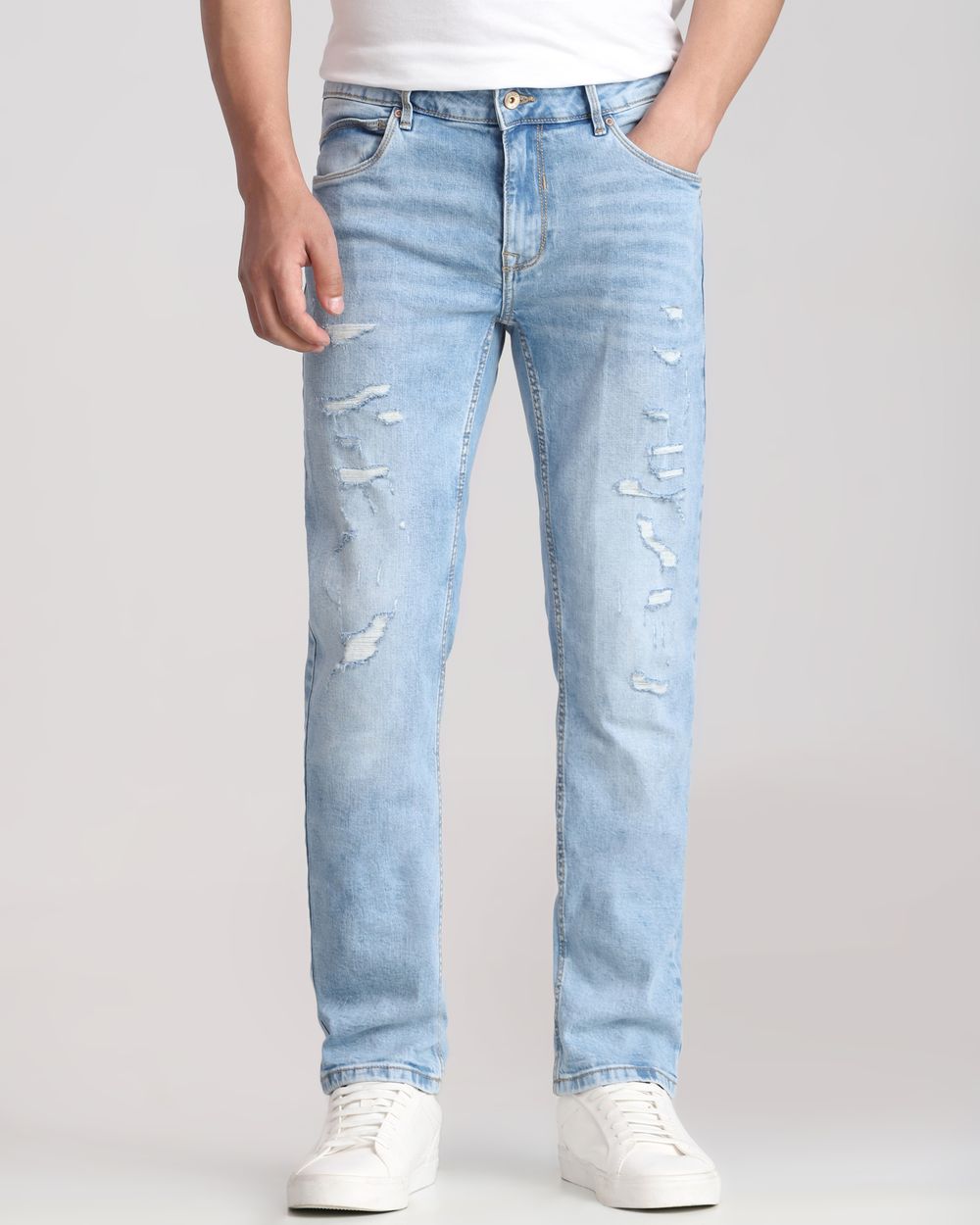 Light Blue Super Slim Fit Distressed Stretch Jeans