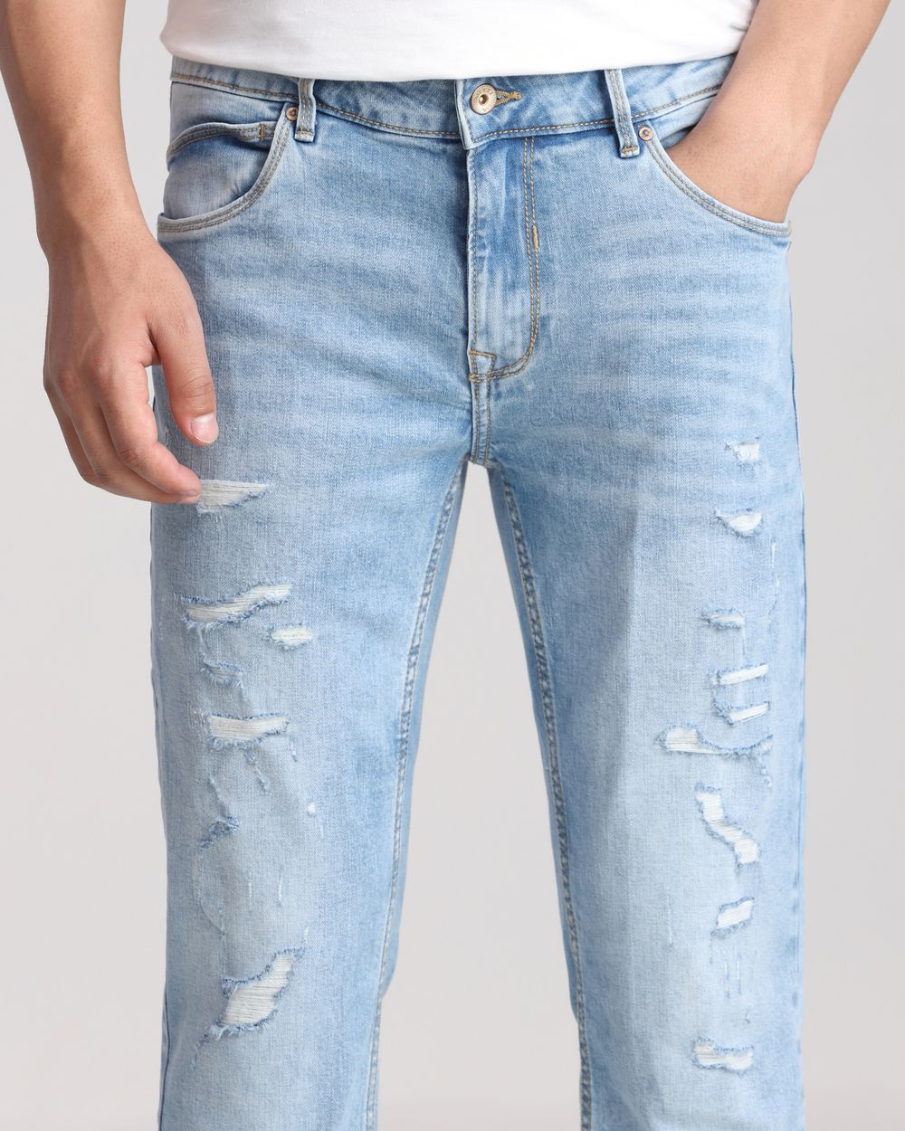 Light Blue Super Slim Fit Distressed Stretch Jeans