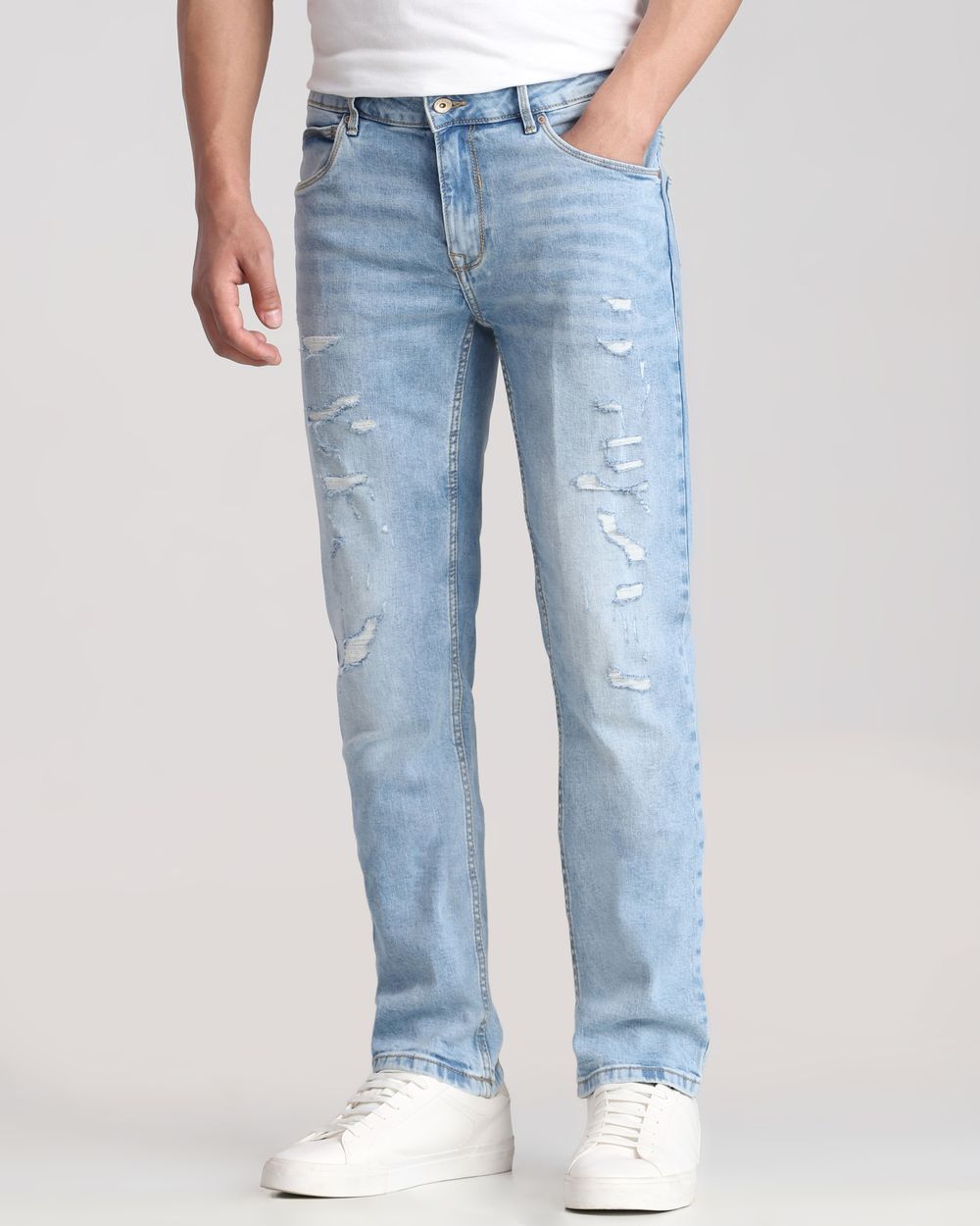 Light Blue Super Slim Fit Distressed Stretch Jeans