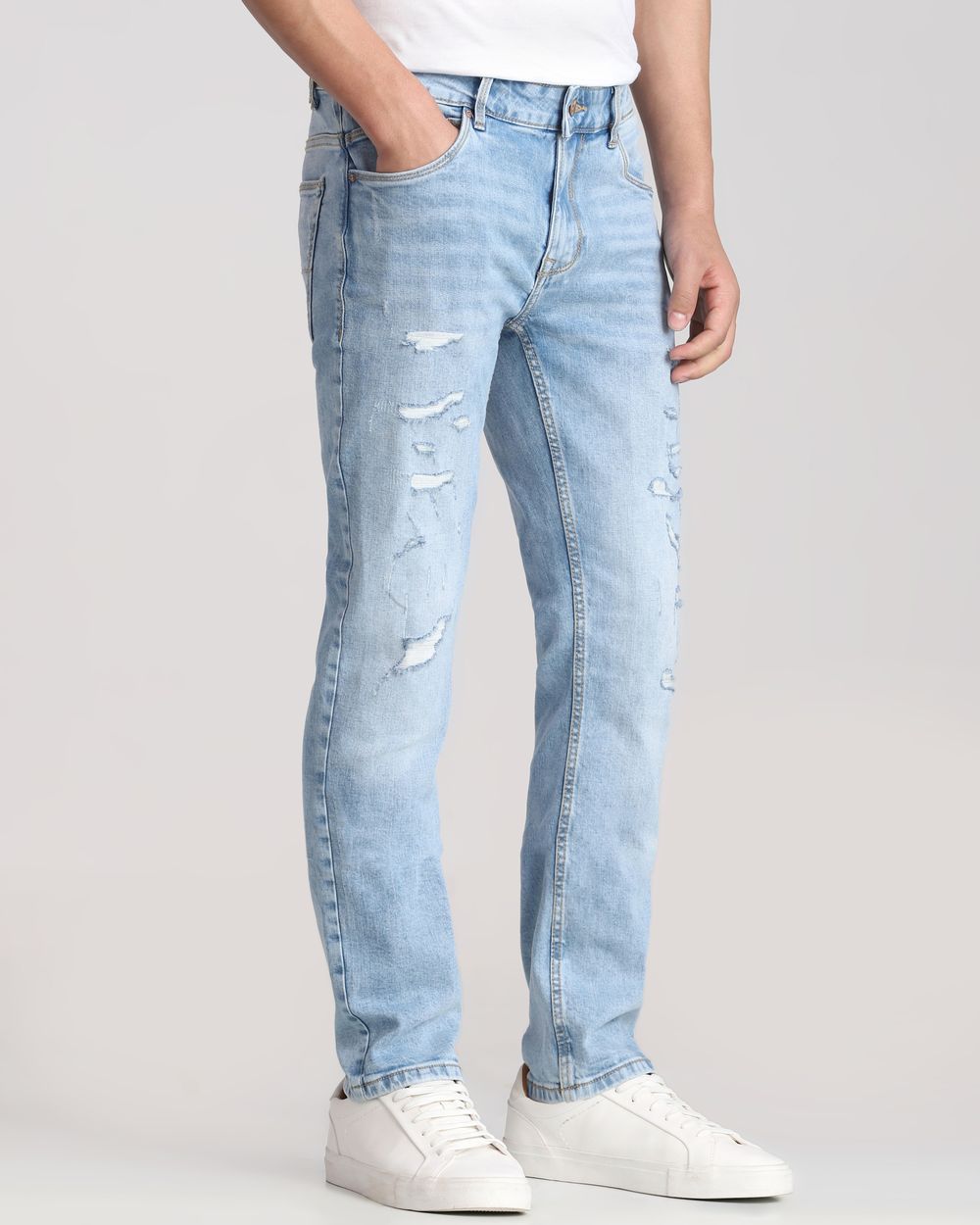 Light Blue Super Slim Fit Distressed Stretch Jeans