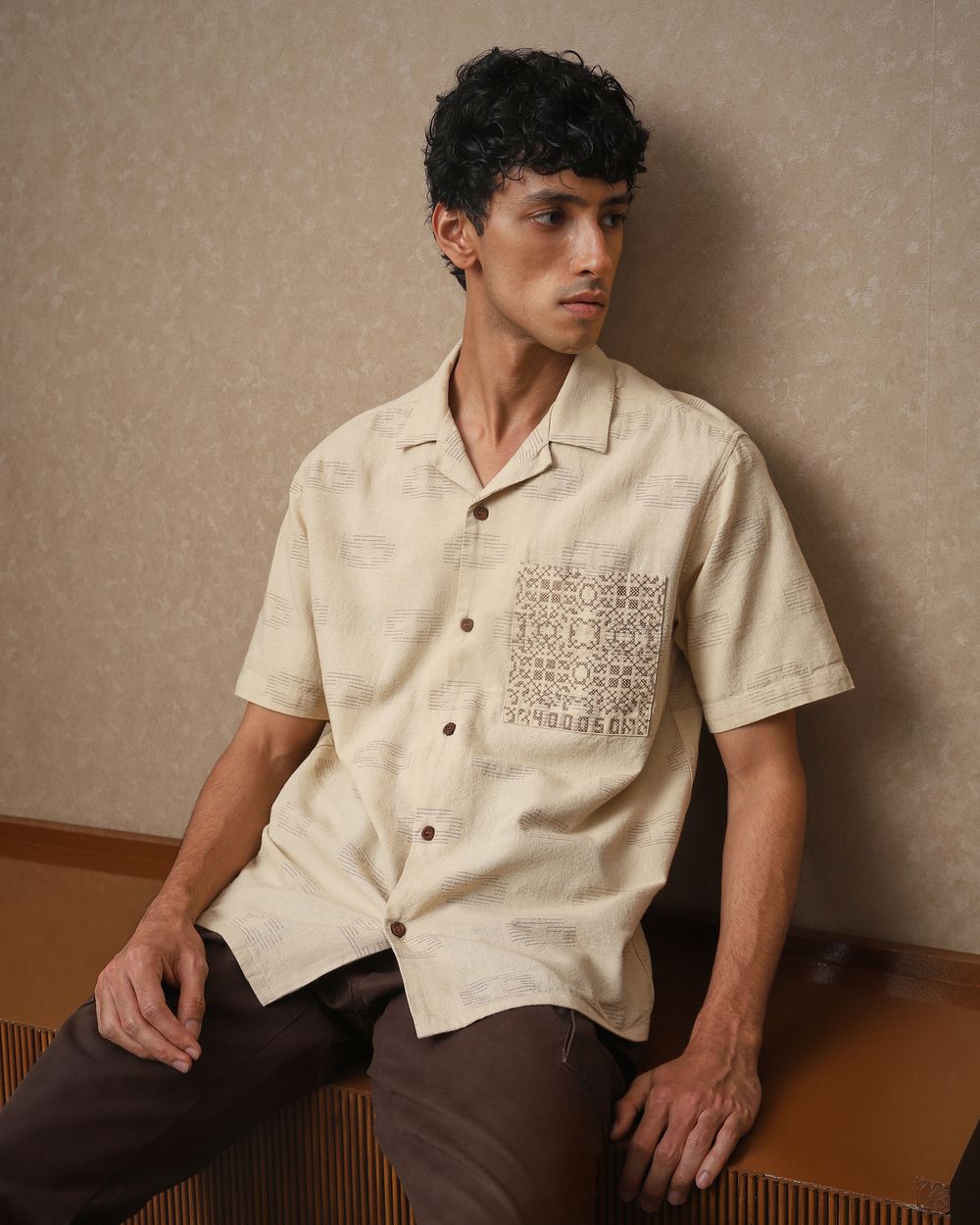 Beige Embroidered Dobby Loose Fit Casual Shirt