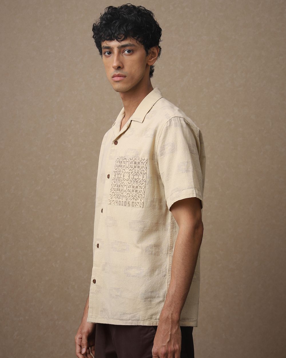 Beige Embroidered Dobby Loose Fit Casual Shirt
