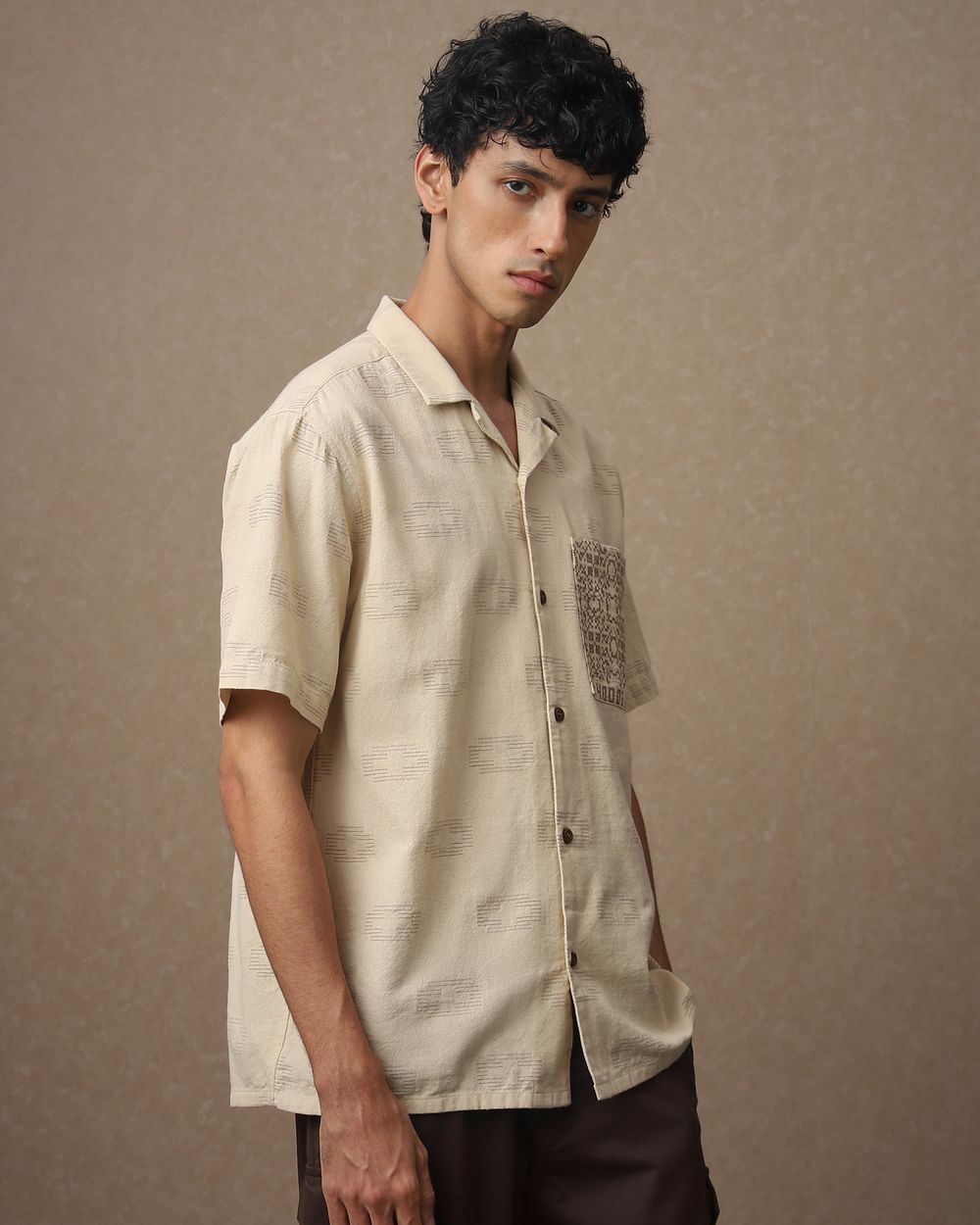 Beige Embroidered Dobby Loose Fit Casual Shirt