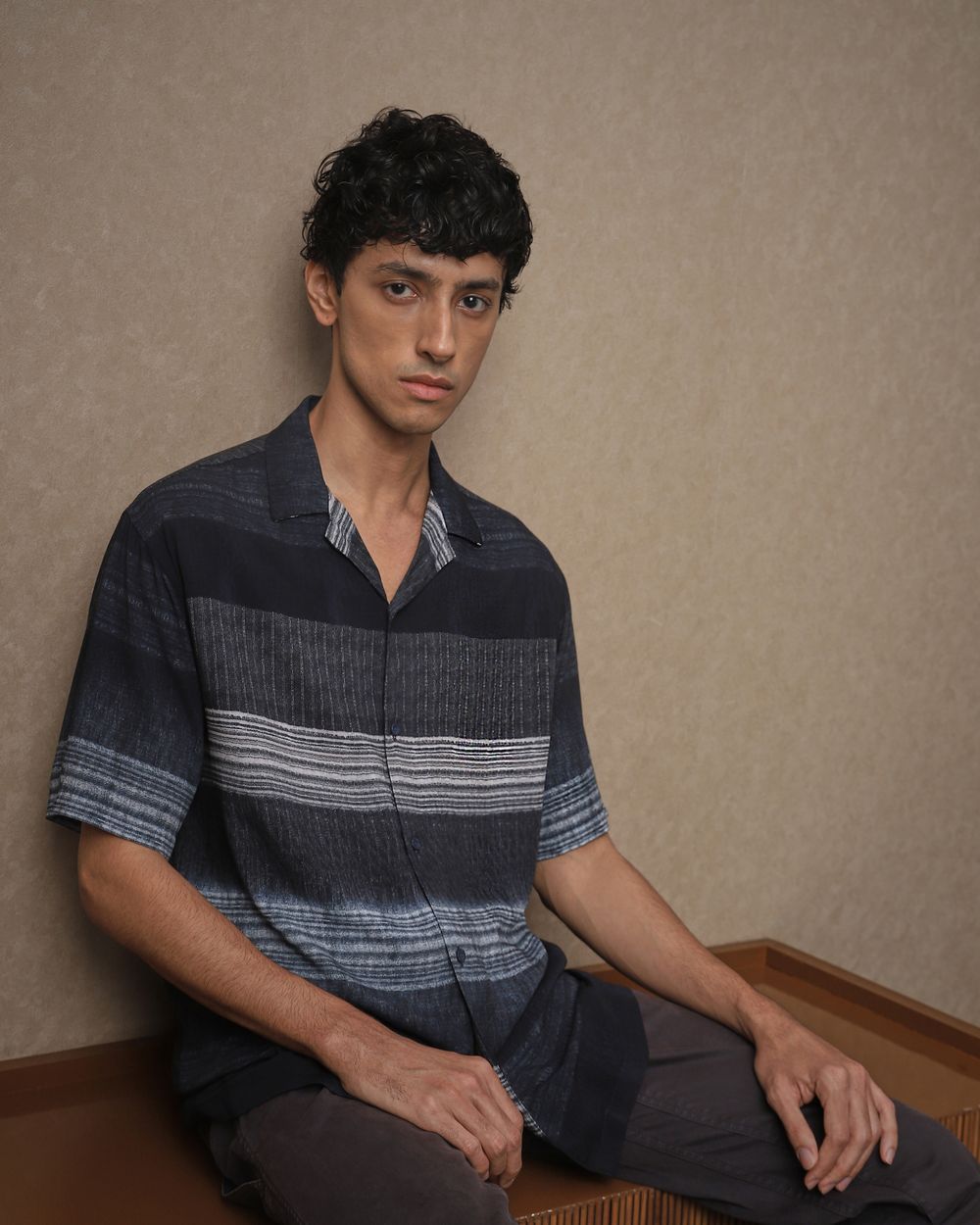 Navy Viscose Stripe Loose Fit Casual Shirt