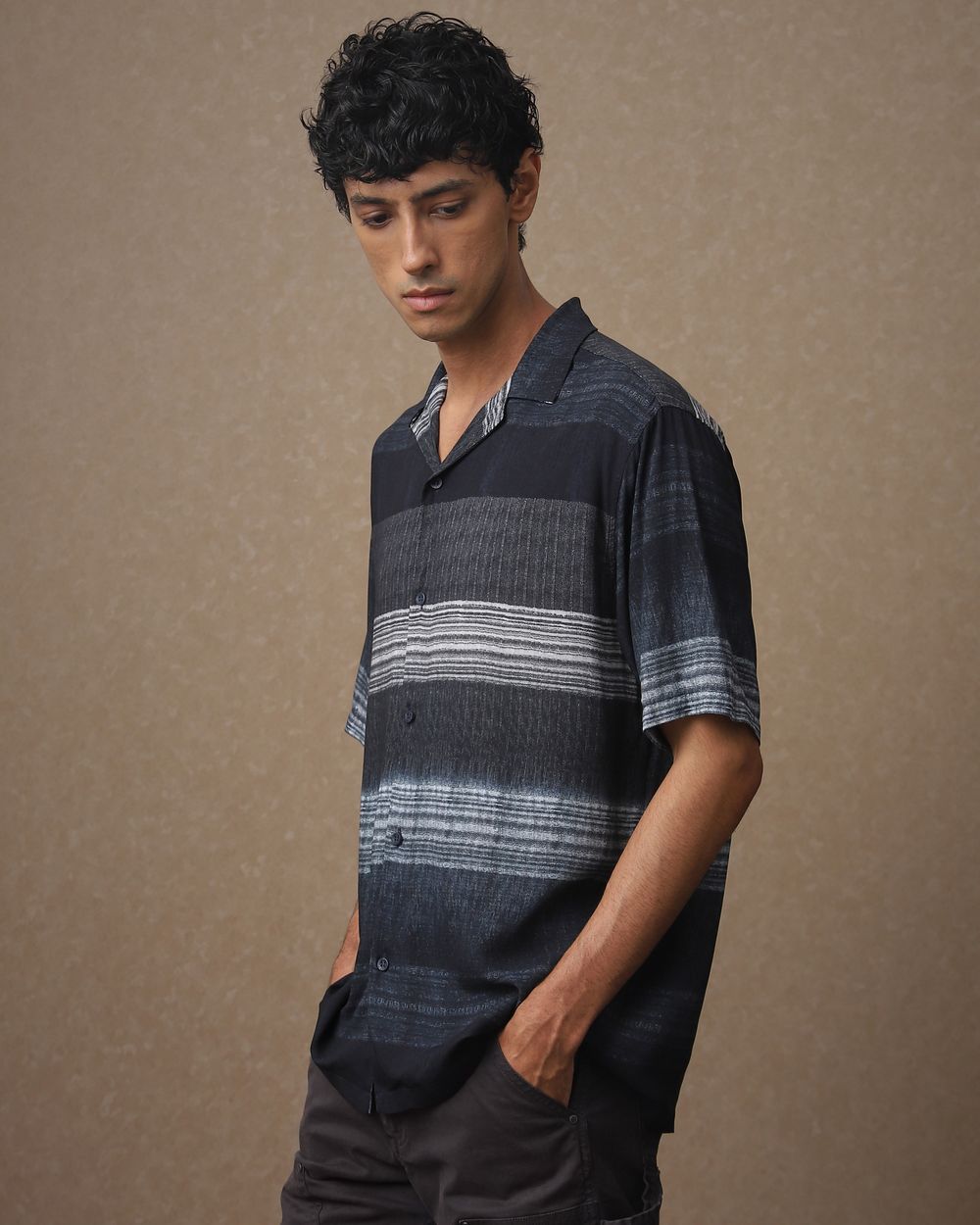 Navy Viscose Stripe Loose Fit Casual Shirt