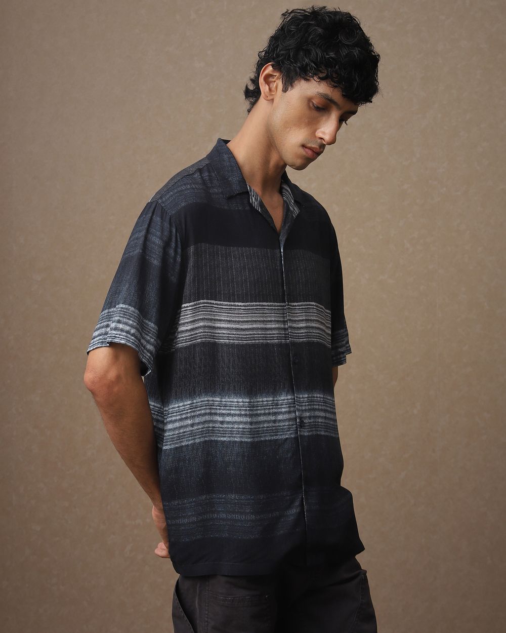 Navy Viscose Stripe Loose Fit Casual Shirt