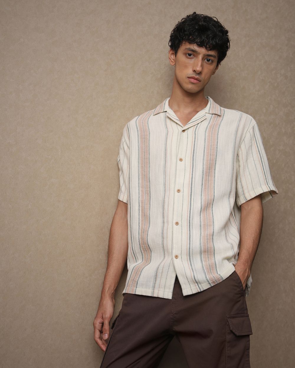 Off White Textured Stripe Loose Fit Casual Shirt