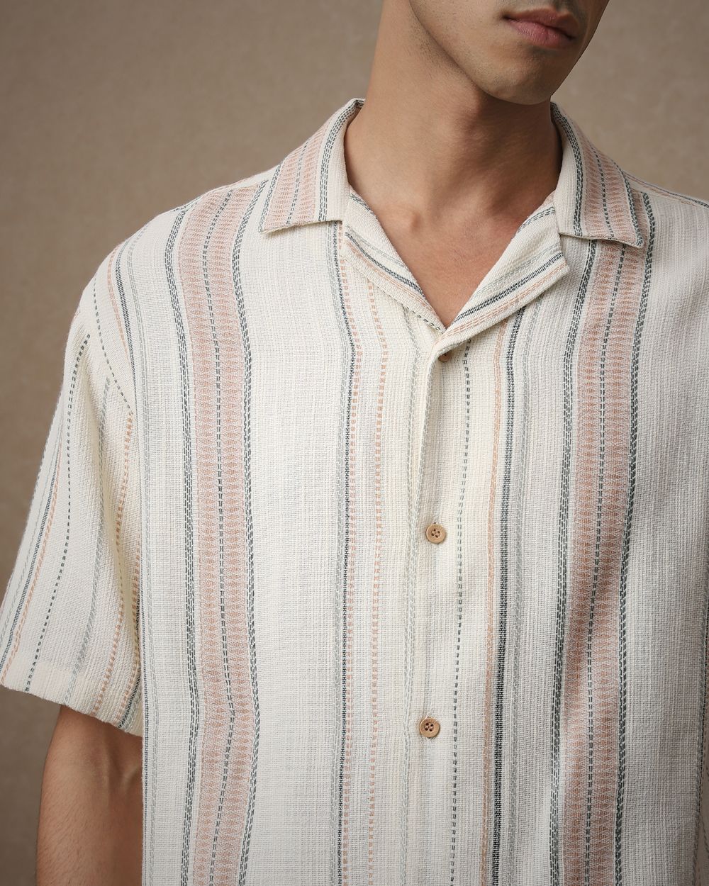 Off White Textured Stripe Loose Fit Casual Shirt