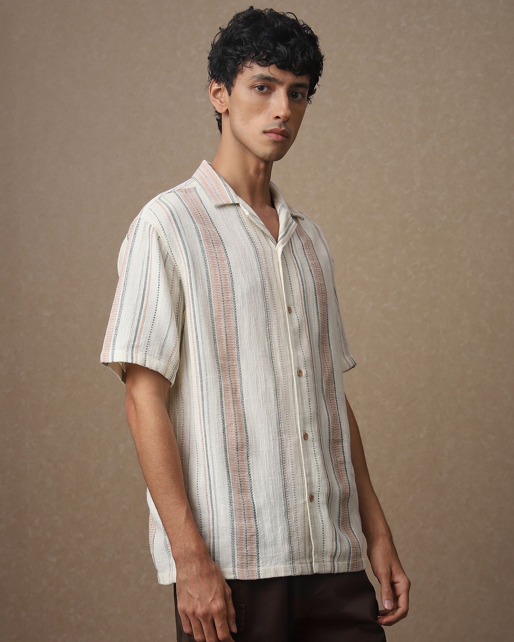 Off White Textured Stripe Loose Fit Casual Shirt