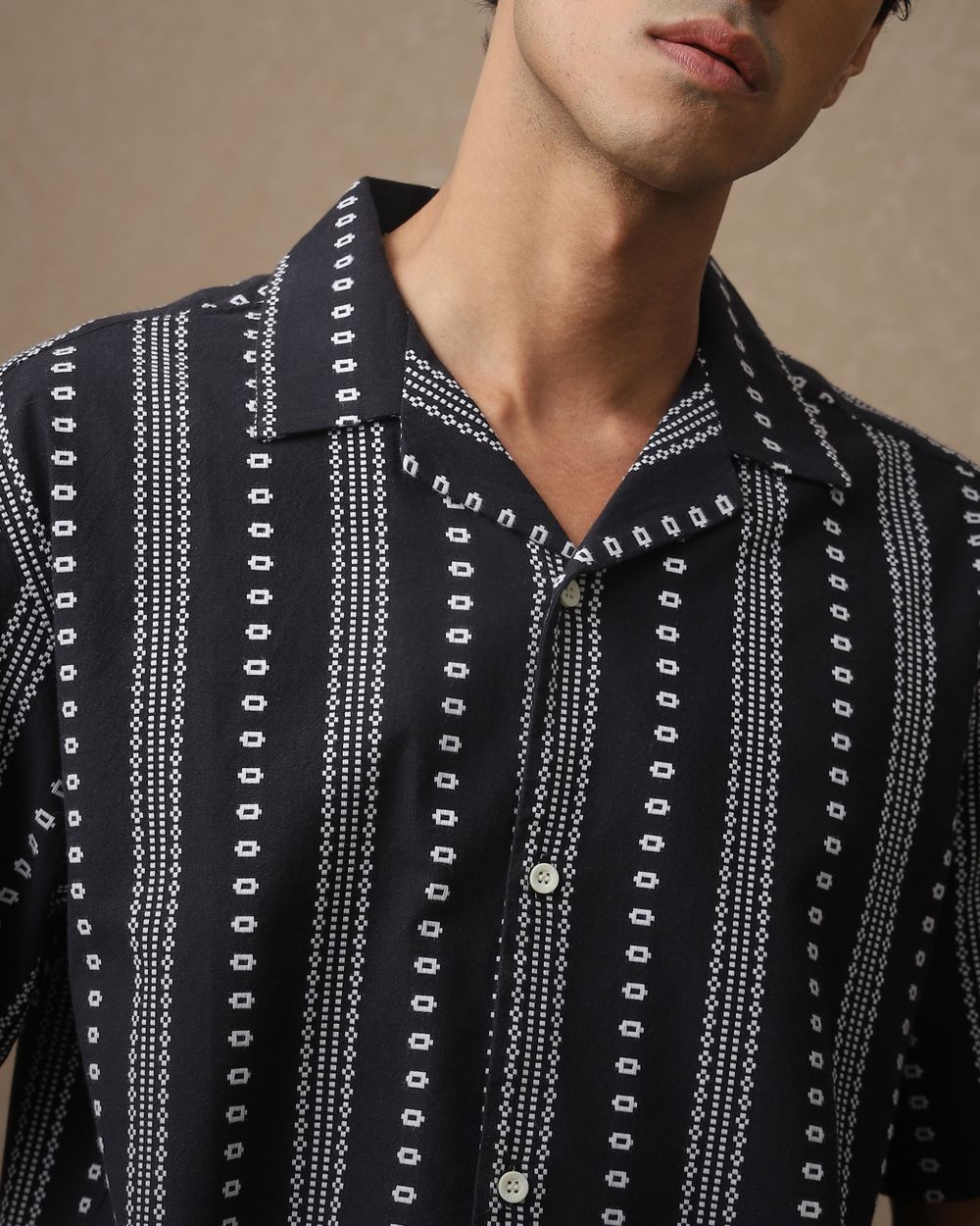 Black Dobby Stripe Loose Fit Casual Shirt