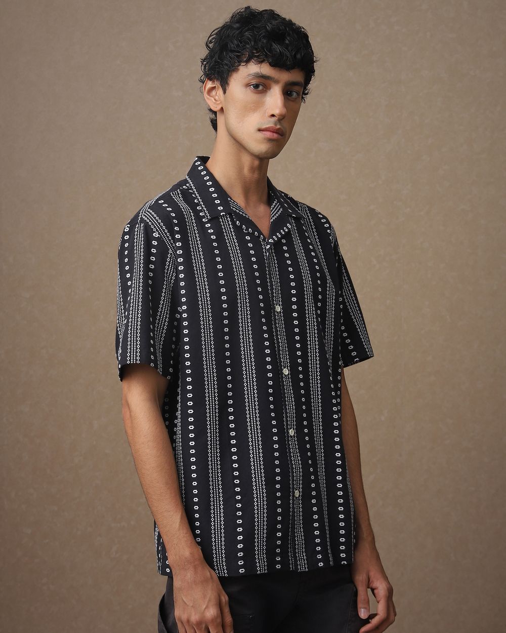 Black Dobby Stripe Loose Fit Casual Shirt