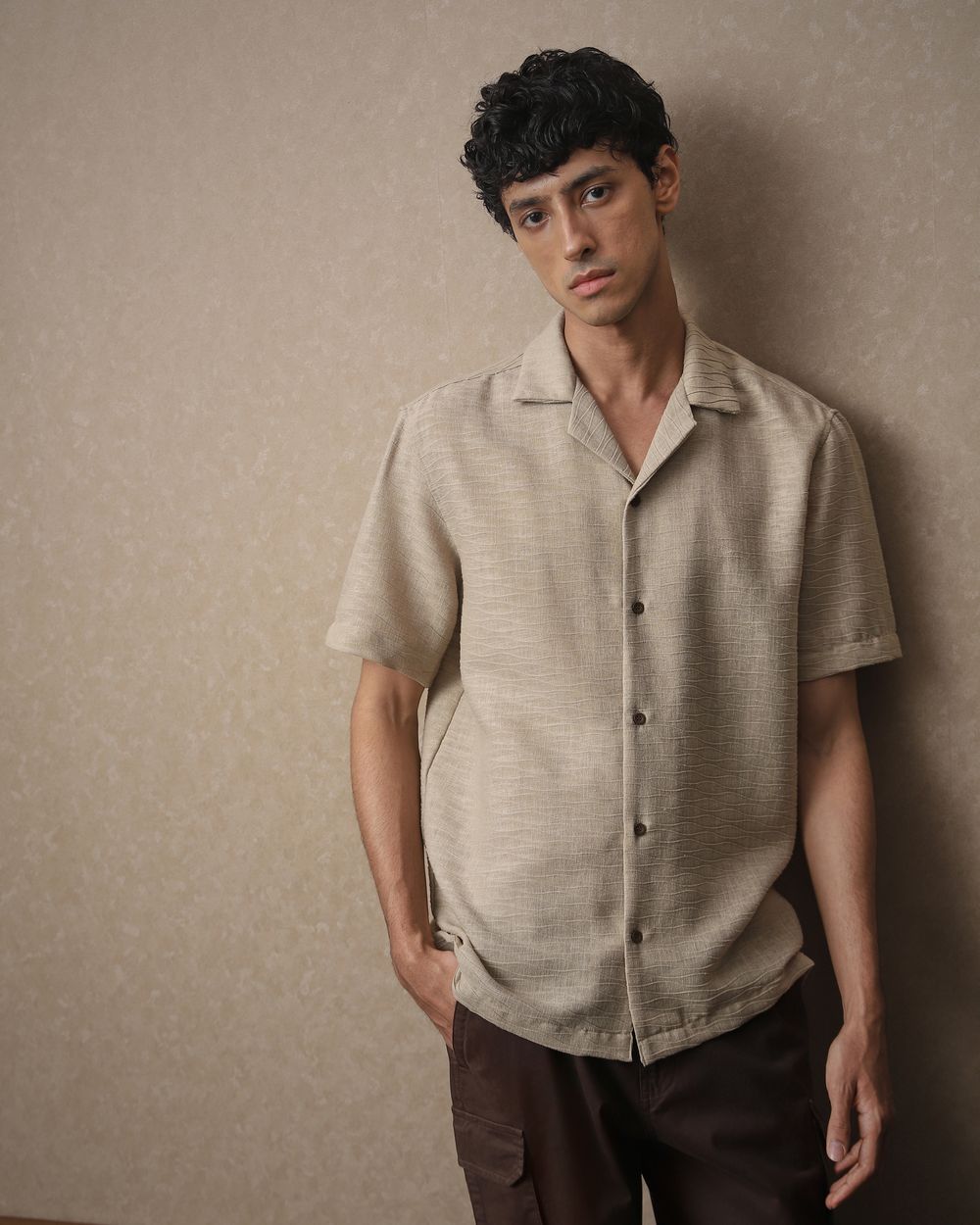 Khaki Textured Dobby Loose Fit Casual Shirt