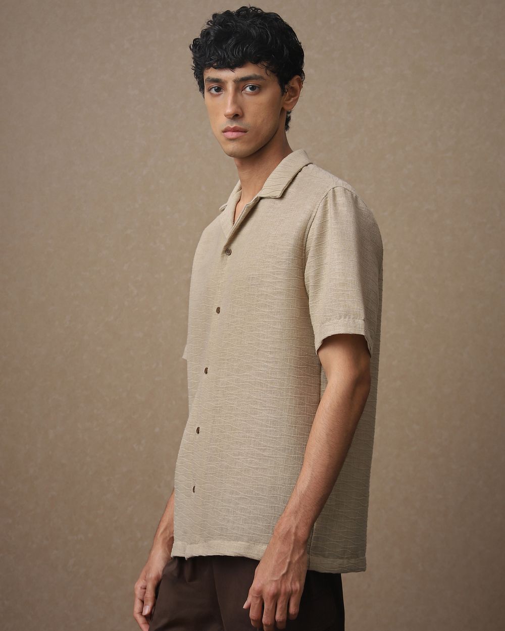 Khaki Textured Dobby Loose Fit Casual Shirt