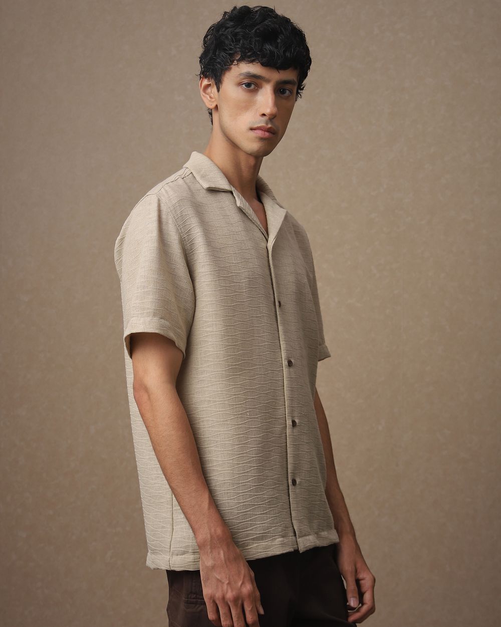 Khaki Textured Dobby Loose Fit Casual Shirt