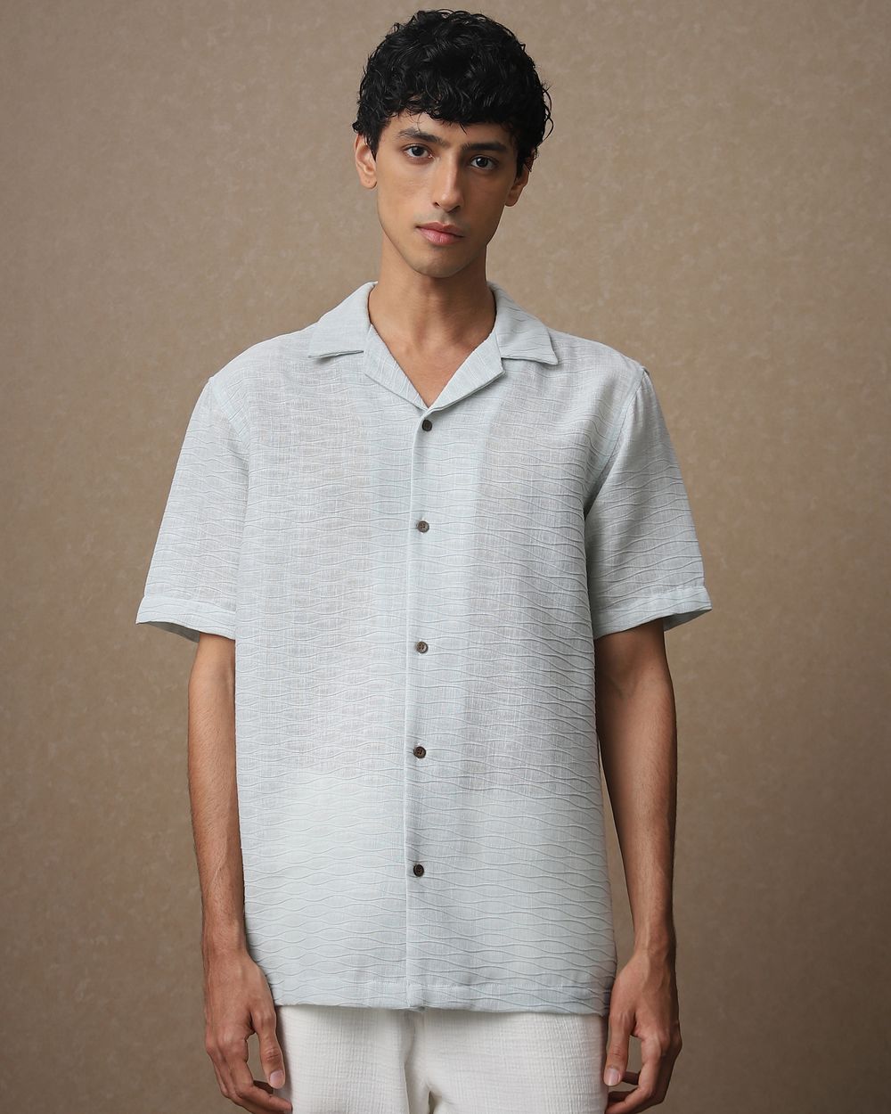 Light Blue Textured Dobby Loose Fit Casual Shirt